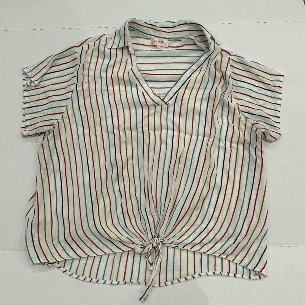 Dizzy Gal Women’s Multicolor Striped Collared Blouse Tie Front Short Sleeve 1X